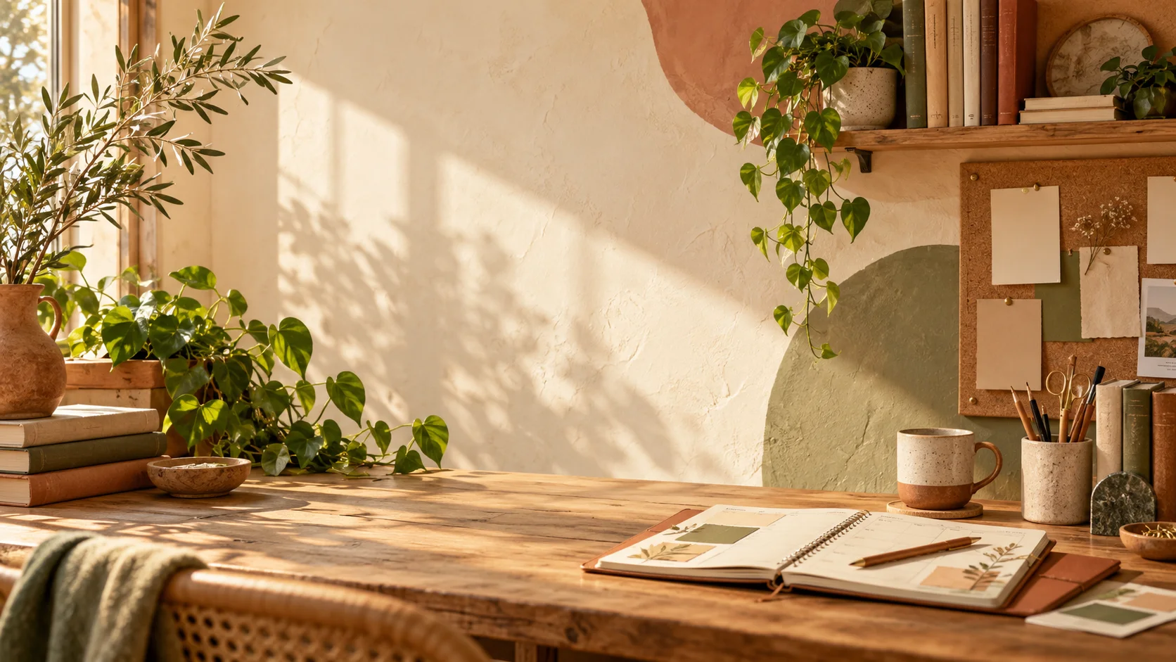 Mesa de trabajo para docentes, iluminada por el sol y rodeada de libros y plantas