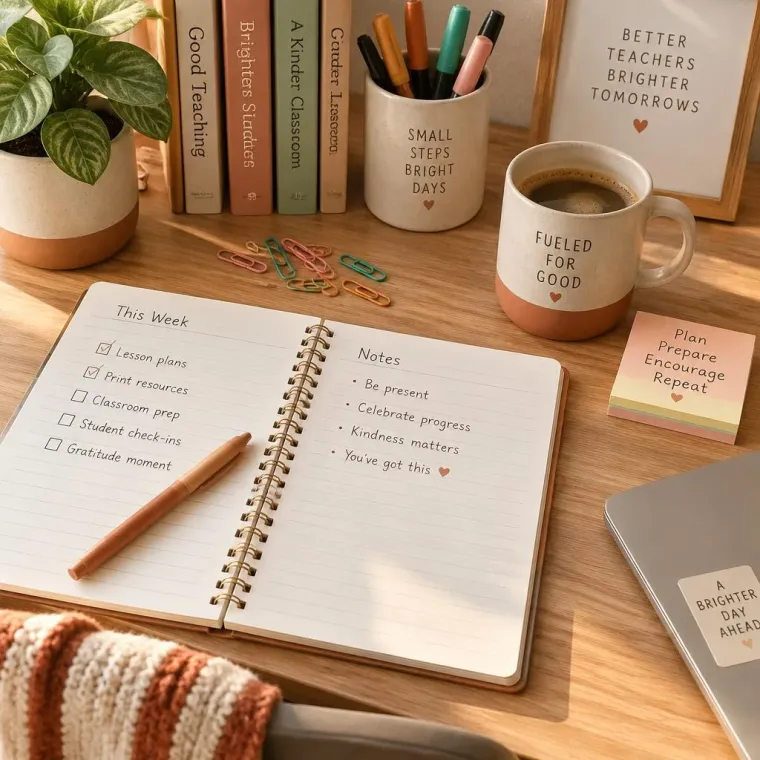 Escritorio de maestra con cuaderno, café y materiales